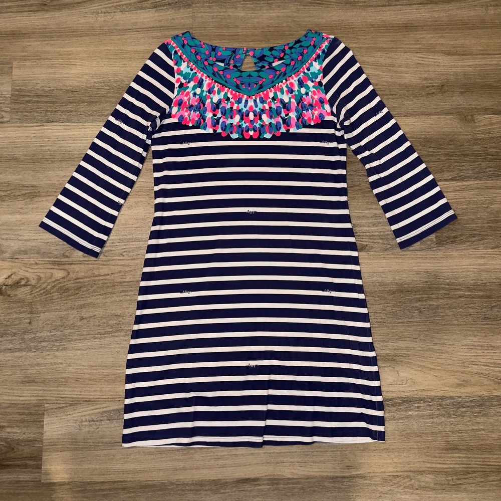 Lilly Pulitzer Striped Dress‎ Pima Cotton Blue Pink Print 3/4 Sleeve Size S